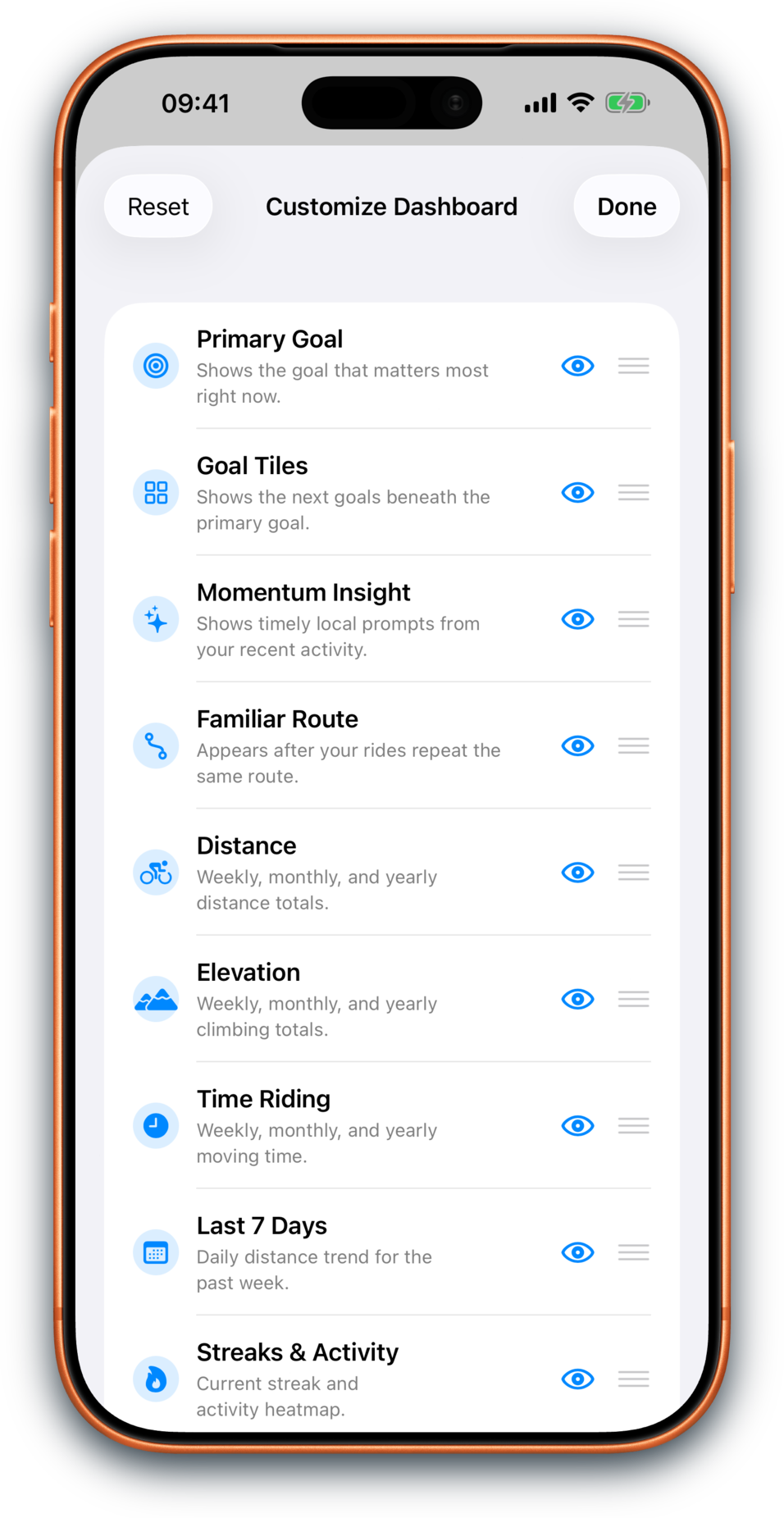 Bikingo Dashboard customization screenshot
